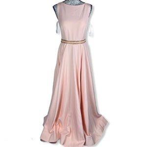 IEENA by MAC DUGGAL Boatneck Beaded Waist A-line Gown In Blush Gold- 4
